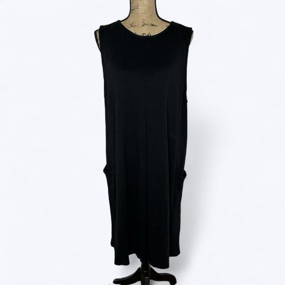 J Jill Sleeveless Midi Dress Sz XL Black Patch Pockets Center Pleat Stretch - Picture 1 of 13